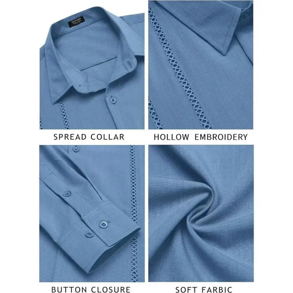 ❤️ Blue Cuban Shirt Casual Button Down Shirts Long Sleeve Beach Linen Shirts - Picture 4 of 5